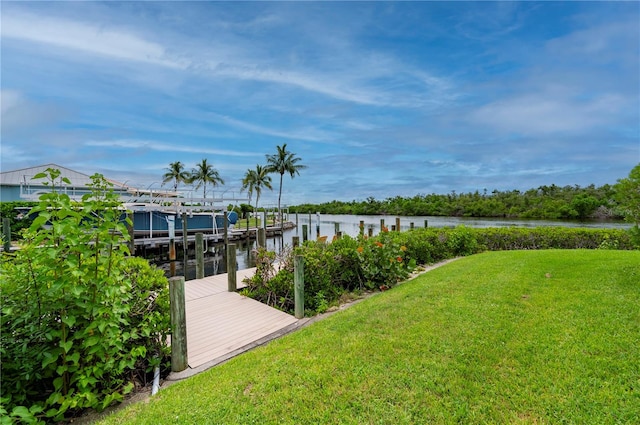 dock area with a yard and a water view