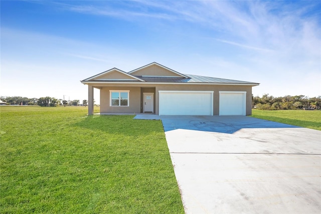 ranch-style house with a garage and a front yard