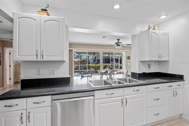 kitchen featuring recessed lighting, white cabinetry, a sink, ceiling fan, and dishwasher