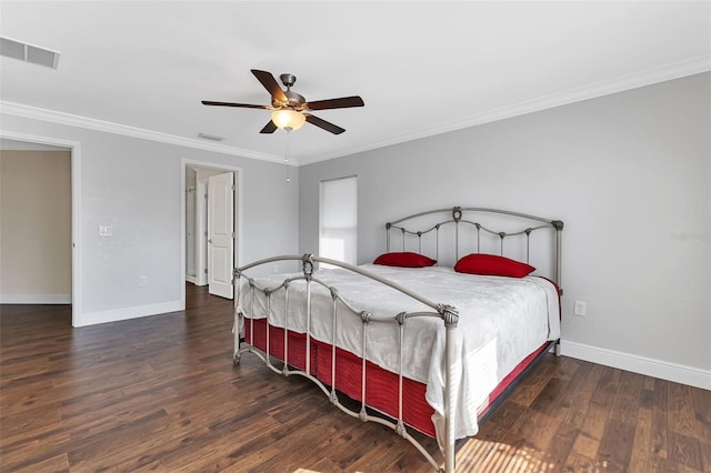 bedroom with crown molding, ceiling fan, and dark hardwood / wood-style flooring