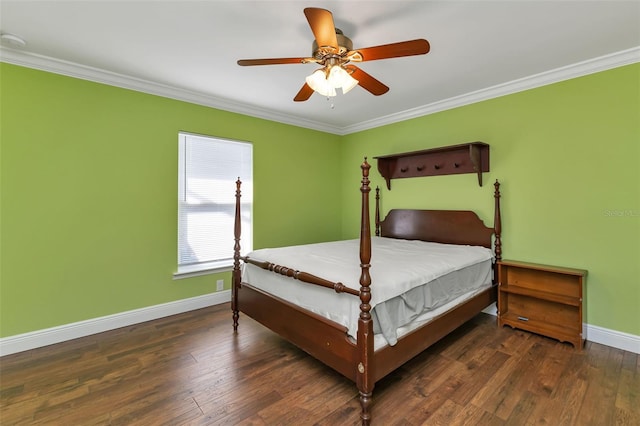 bedroom with dark hardwood / wood-style flooring, crown molding, and ceiling fan