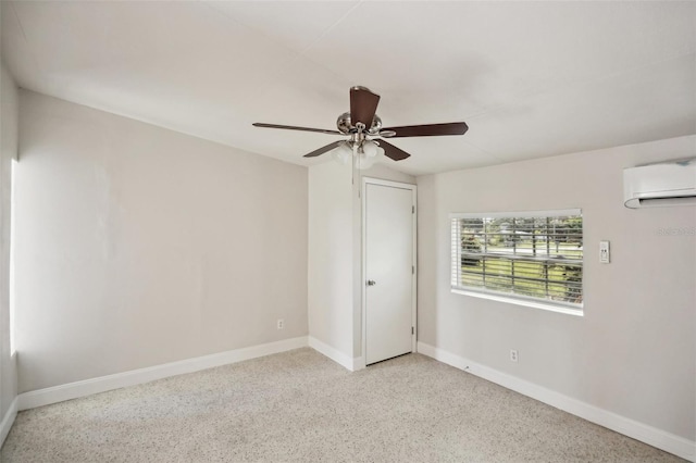 unfurnished bedroom featuring a closet, a wall mounted air conditioner, and ceiling fan