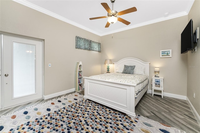 bedroom featuring crown molding, ceiling fan, and dark wood-type flooring