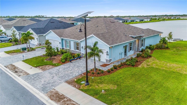 view of front of property featuring decorative driveway, stucco siding, an attached garage, a front yard, and a residential view