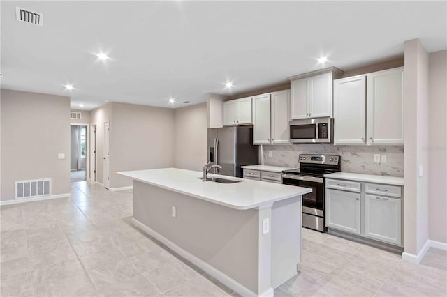 kitchen with an island with sink, visible vents, appliances with stainless steel finishes, and decorative backsplash