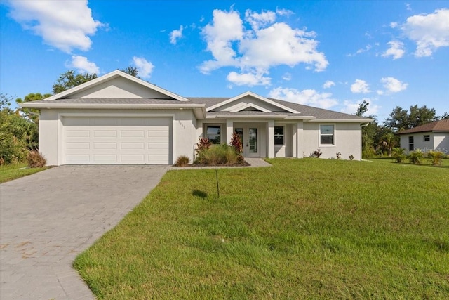 single story home with a front lawn and a garage