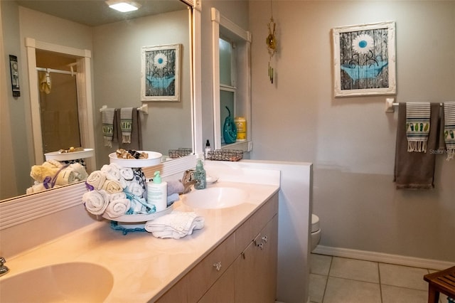 bathroom with vanity, tile patterned floors, toilet, and an enclosed shower