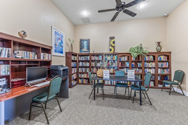 office space with ceiling fan and carpet floors