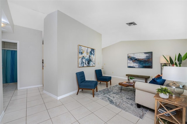 tiled living room with lofted ceiling