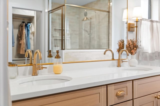 bathroom with vanity and a shower with shower door