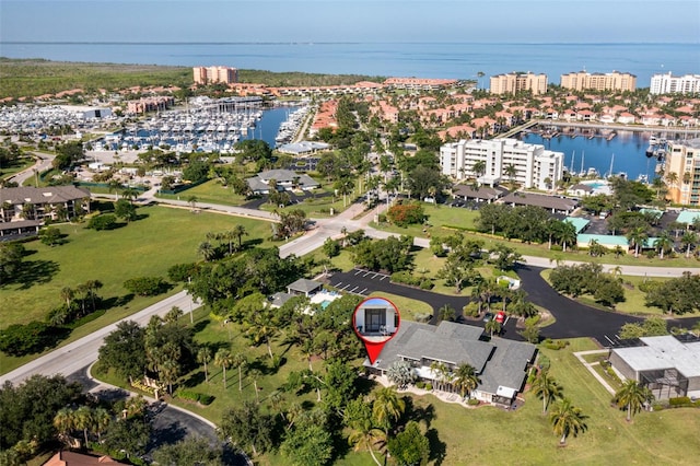 bird's eye view with a water view