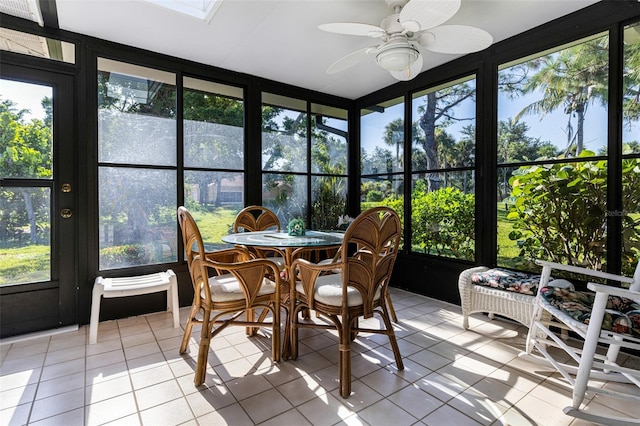 sunroom / solarium with ceiling fan and a healthy amount of sunlight