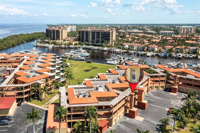 aerial view featuring a water view