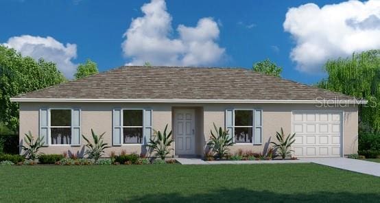 view of front of house with a garage, a front lawn, and stucco siding