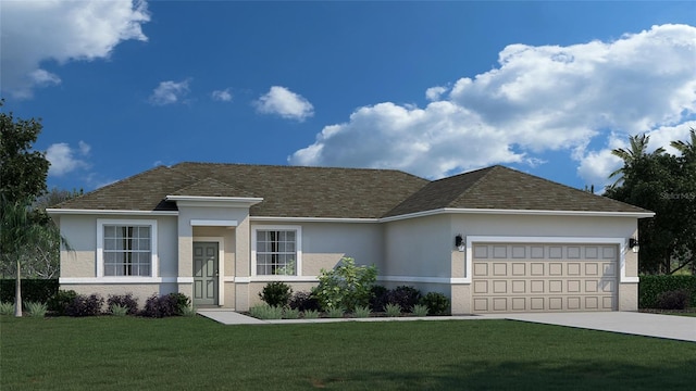 single story home featuring driveway, a front lawn, an attached garage, and stucco siding