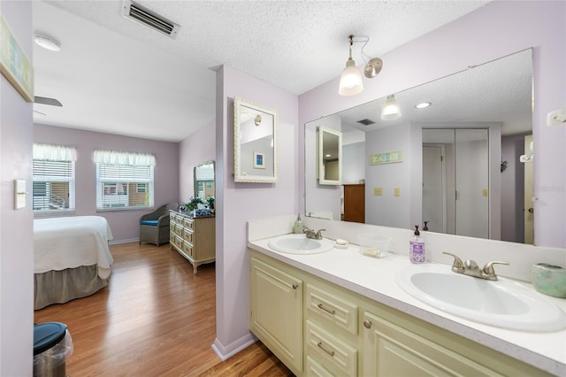 bathroom featuring dual bowl vanity, a textured ceiling, and hardwood / wood-style flooring