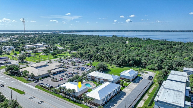 drone / aerial view with a water view