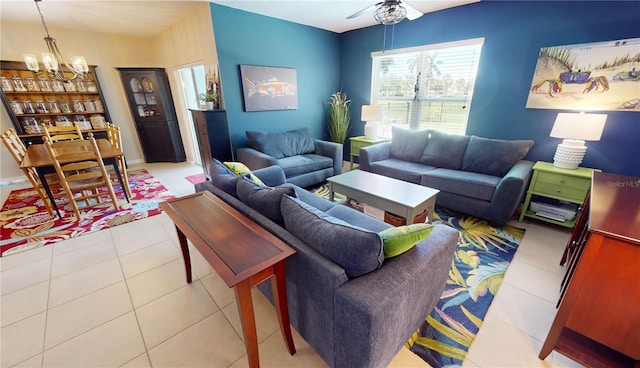 tiled living room featuring ceiling fan with notable chandelier