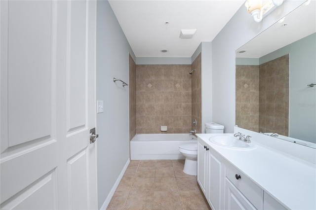 full bathroom featuring tile patterned flooring, tiled shower / bath, toilet, and vanity