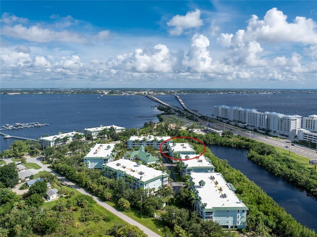 drone / aerial view featuring a water view