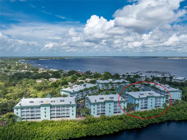 drone / aerial view featuring a water view