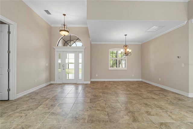 interior space featuring light tile patterned flooring, a chandelier, and crown molding