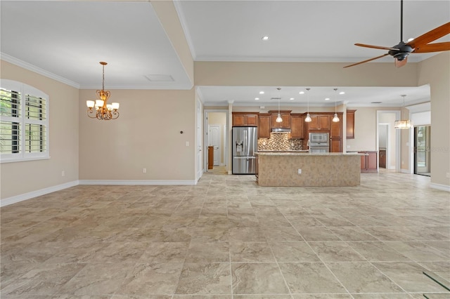 unfurnished living room with ceiling fan with notable chandelier, crown molding, recessed lighting, and baseboards