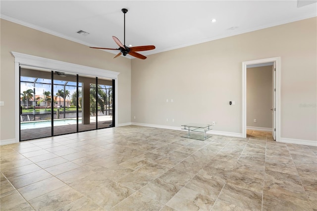 unfurnished room featuring crown molding, visible vents, baseboards, and a ceiling fan