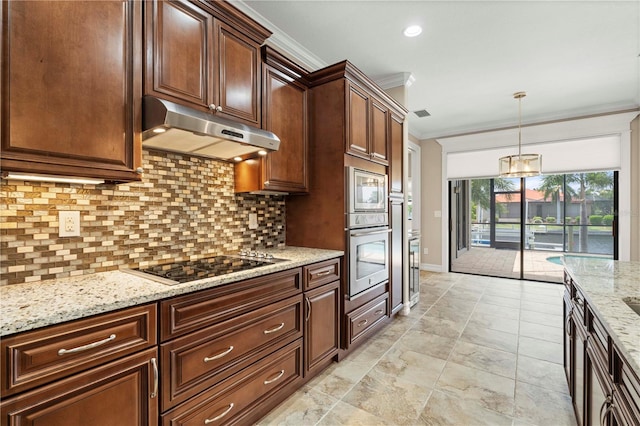 kitchen with crown molding, light tile patterned floors, decorative backsplash, appliances with stainless steel finishes, and light stone counters