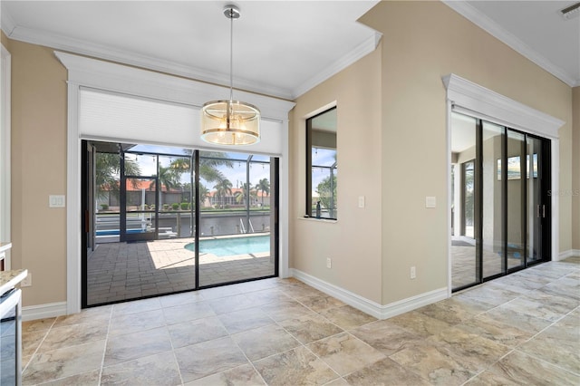 doorway featuring light tile patterned flooring, crown molding, and a chandelier