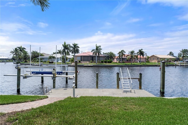 dock area with a water view and a yard