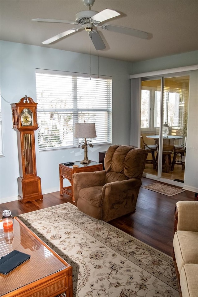 living room with ceiling fan, wood-type flooring, and a wealth of natural light