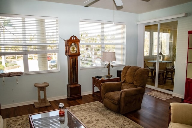 sitting room with ceiling fan, dark wood-type flooring, and a healthy amount of sunlight