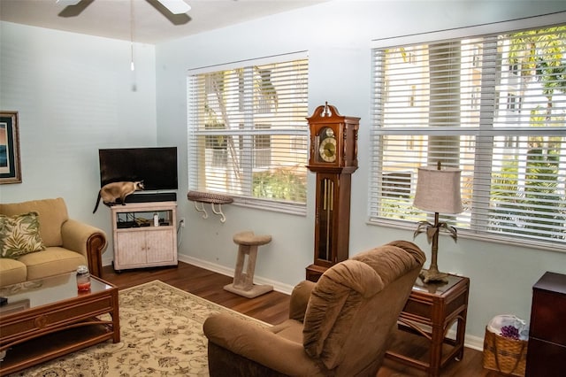 living room with ceiling fan, dark hardwood / wood-style floors, and a wealth of natural light