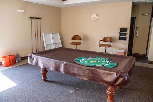 recreation room with carpet floors and billiards