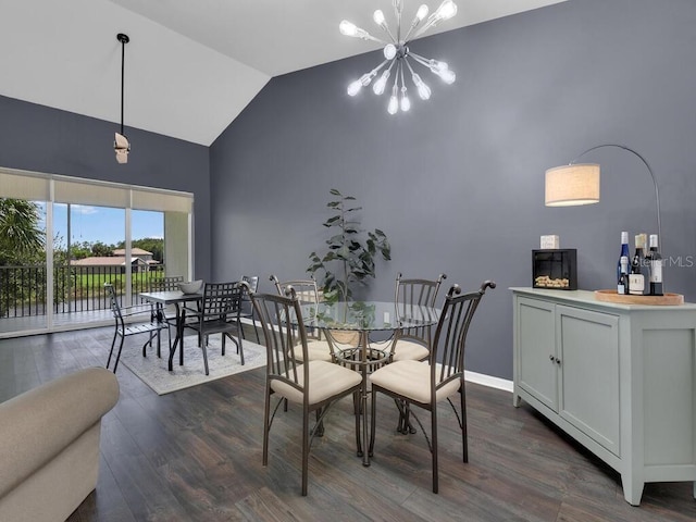 dining room featuring high vaulted ceiling, an inviting chandelier, and dark hardwood / wood-style flooring