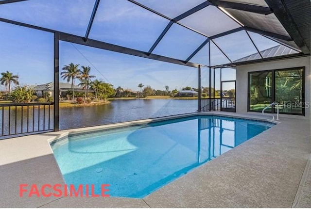 view of swimming pool featuring glass enclosure and a patio area