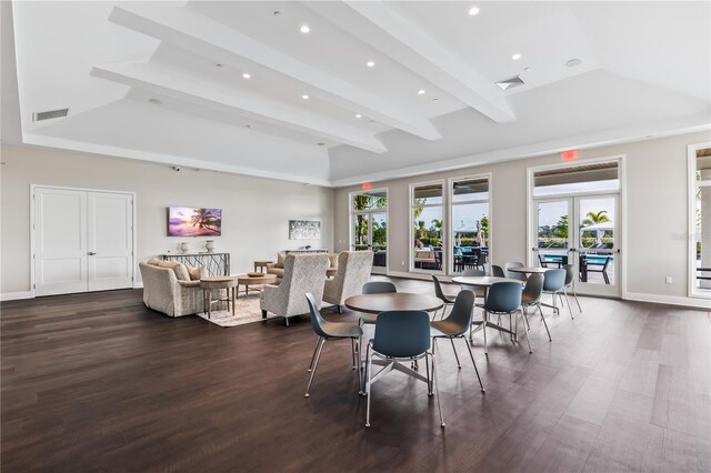 dining space with dark wood-style floors, french doors, visible vents, and baseboards