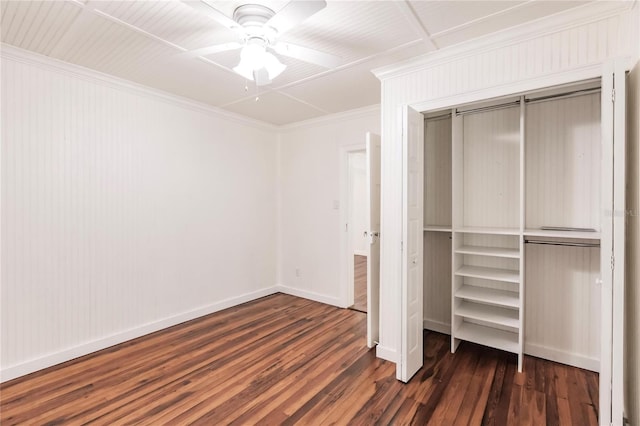 unfurnished bedroom featuring a closet, ceiling fan, and wood-type flooring