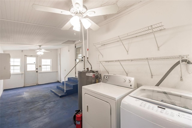 clothes washing area featuring ceiling fan, water heater, and washer and dryer