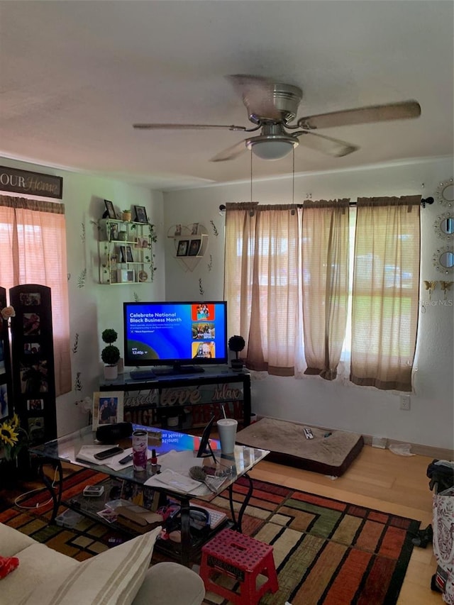 living room featuring a ceiling fan and wood finished floors