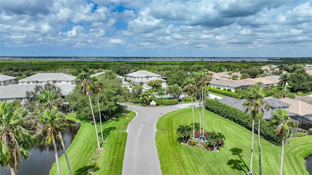 drone / aerial view featuring a water view