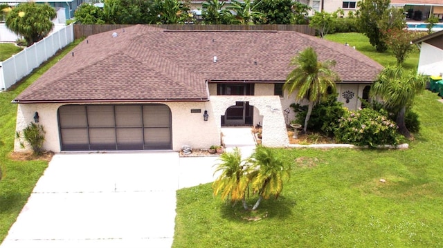 view of front of property with a front yard and a garage