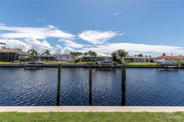 view of water feature with a boat dock