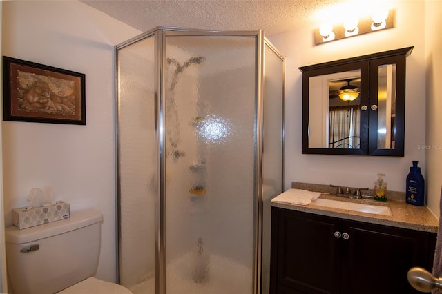 bathroom with vanity, a textured ceiling, toilet, and an enclosed shower