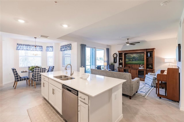 kitchen featuring sink, a kitchen island with sink, a healthy amount of sunlight, and stainless steel dishwasher