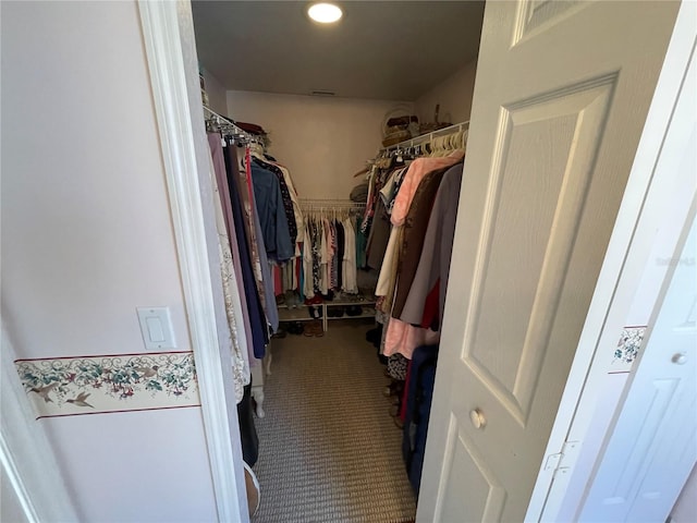 walk in closet with carpet flooring