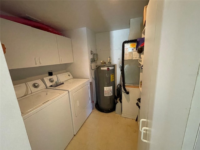 clothes washing area with cabinets, heating unit, independent washer and dryer, light tile patterned floors, and electric water heater