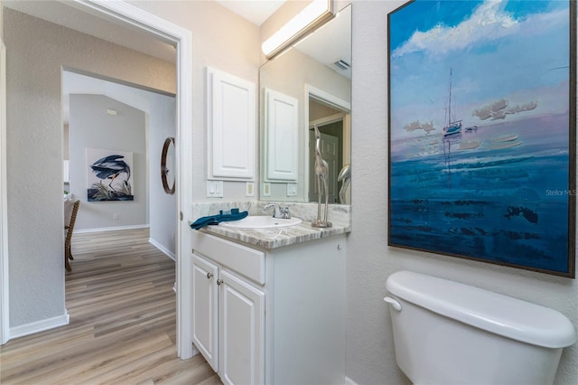 bathroom with wood-type flooring, vanity, and toilet