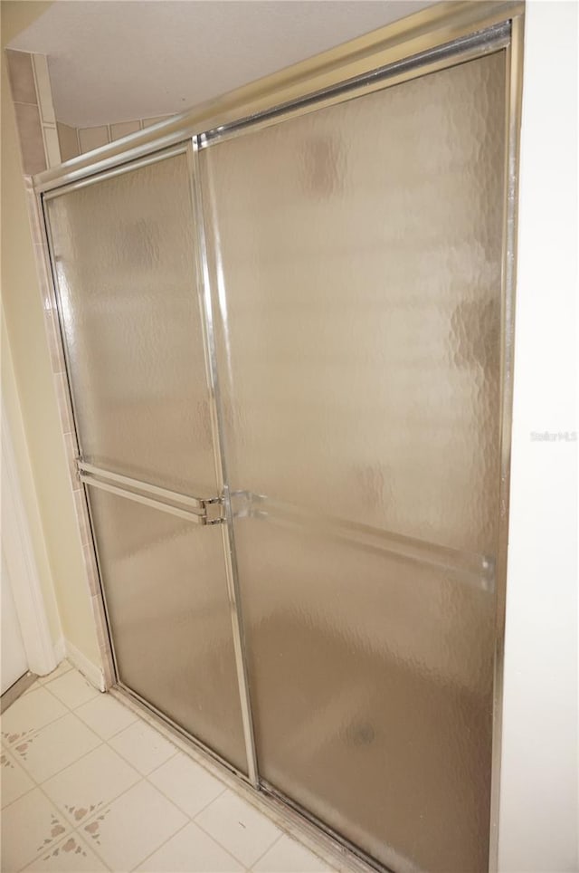 bathroom featuring tile patterned floors and a shower with door